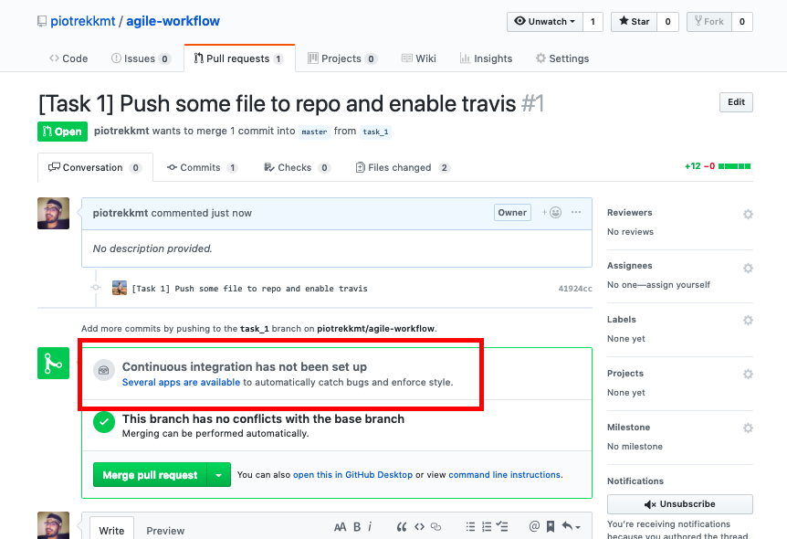 Continuous Integration part 2: Setting up Travis checks in Github